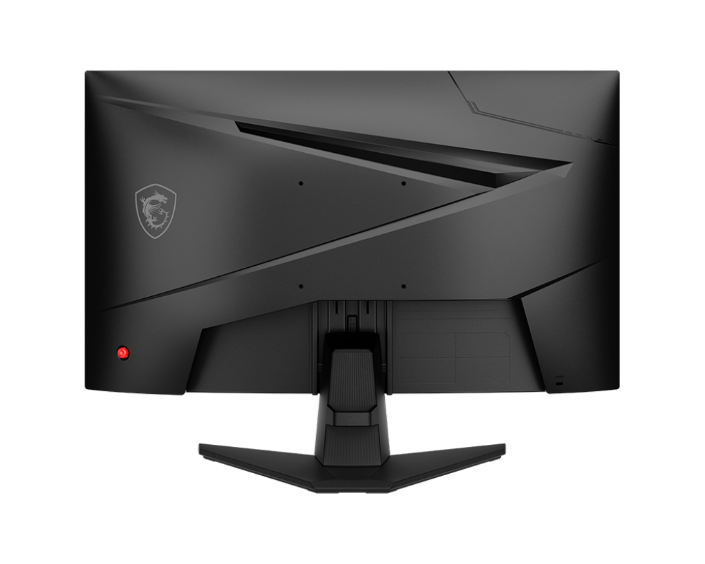 Rückansicht eines schwarzen MSI Gaming-Monitors mit MSI-Logo und Anschlüssen.