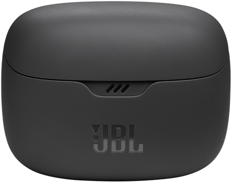 Fekete JBL töltőtok zárva. A JBL logó látható, szürke felület. Három fehér fény.