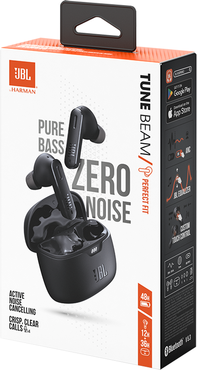 JBL Tune Beam fülhallgató doboz, fehér előlap, fekete háttér. A fülhallgatók a dobozban vannak.