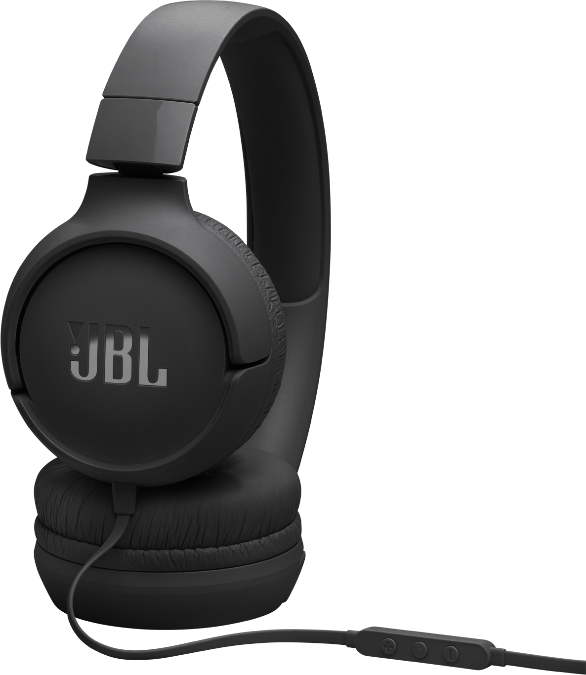 Fekete JBL fejhallgató kábellel. Jobb oldali nézet. A kábelen hangerőszabályzó van.