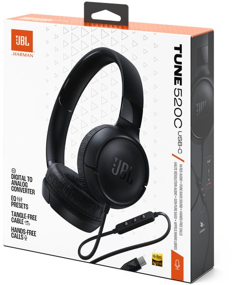 Doboz fekete JBL fejhallgatóval. A szöveg 'TUNE 520C', funkciókat sorol fel.