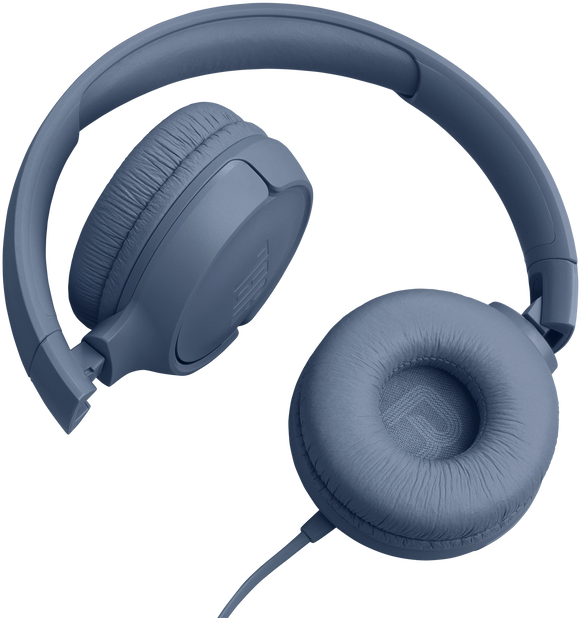 Doboz sötétkék JBL fejhallgatóval. A szöveg 'TUNE 520C', funkciókat sorol fel.