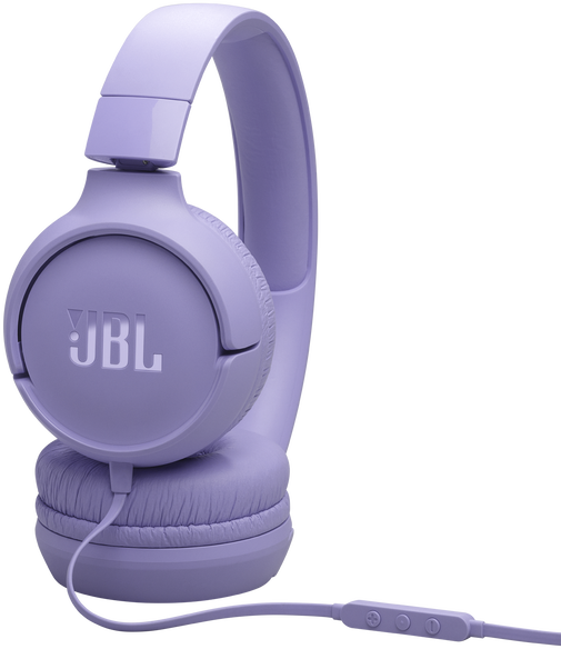 Lila JBL fejhallgató ferdén fekete háttérrel. A JBL logó látható.