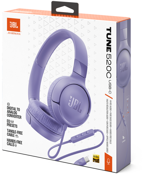 JBL Tune 520C fejhallgató dobozban, szöveggel és lila képpel.