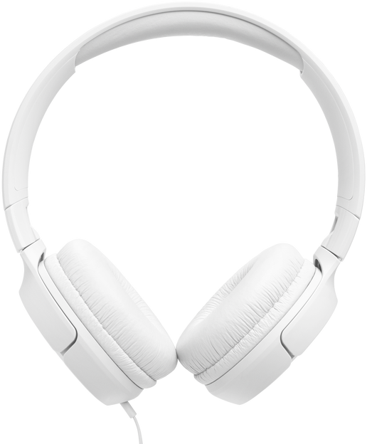 Felülnézet fehér JBL fejhallgatóról fekete háttéren.
