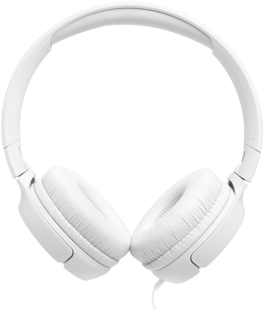 Felülnézet fehér JBL fejhallgatóról fekete háttéren.