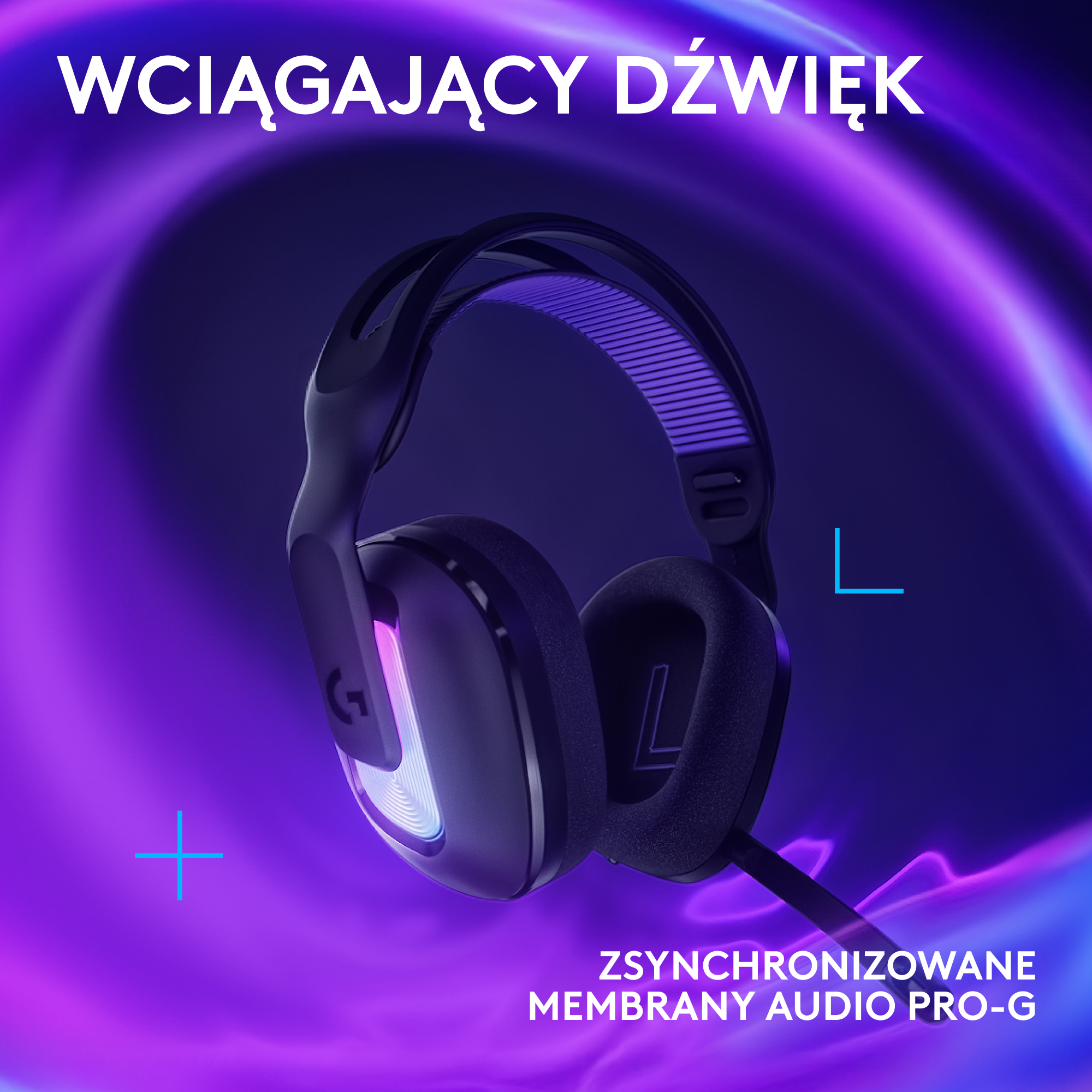 Słuchawki z tekstem: Wciągający dźwięk, i specyfikacją: Zsynchonizowane membrany Audio Pro-G. Niebieskie i fioletowe akcenty.