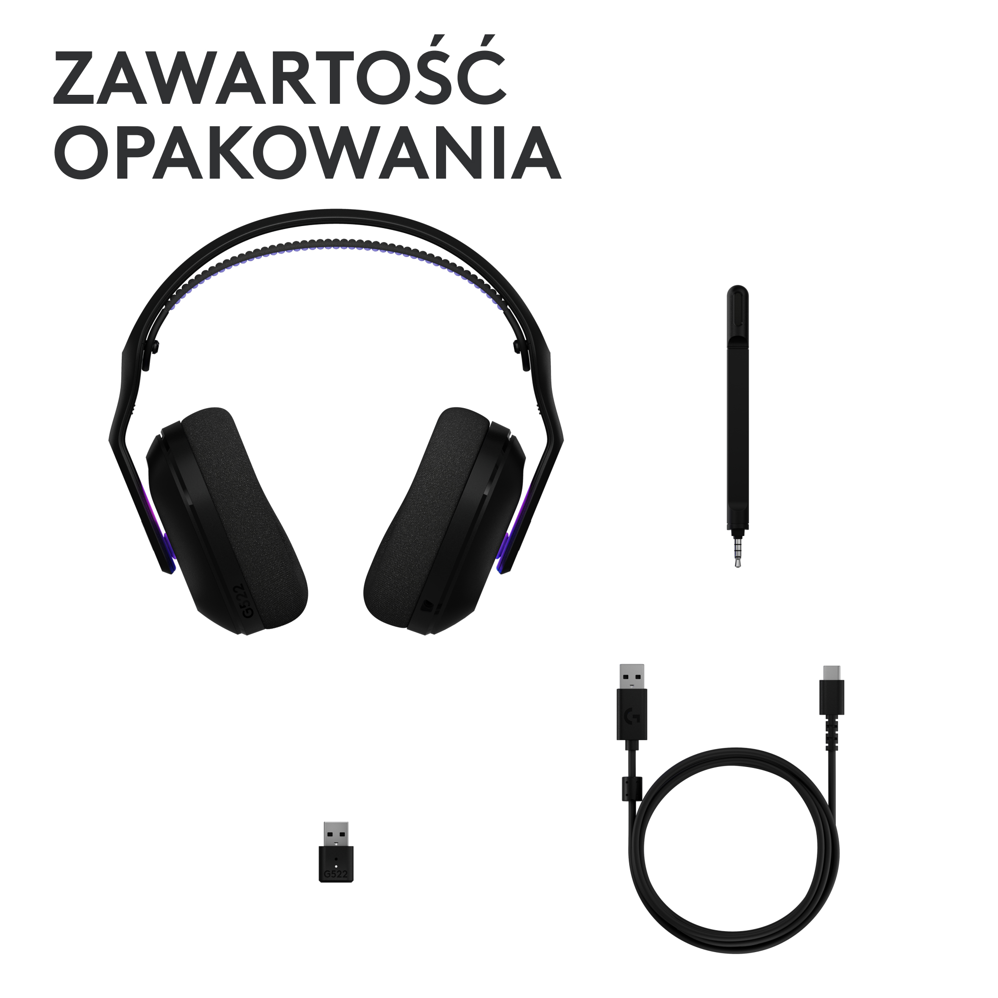 Różne komponenty zestawu słuchawkowego: zestaw słuchawkowy, klucz USB, kabel USB do USB-C i adapter USB do USB-A.