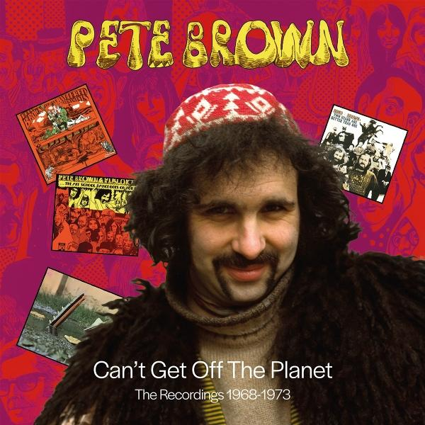 Albumcover: Pete Brown. Mann mit Schnurrbart und Hut. Mehrere kleinere Albumcover um ihn herum, roter Hintergrund.