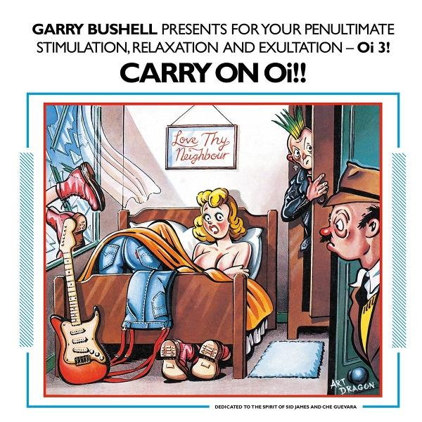 Cartoon-Szene: Frau im Bett, Gitarre, Beine im Fenster, Punk im Türrahmen, Mann mit Hut, Poster: Liebe deinen Nächsten.