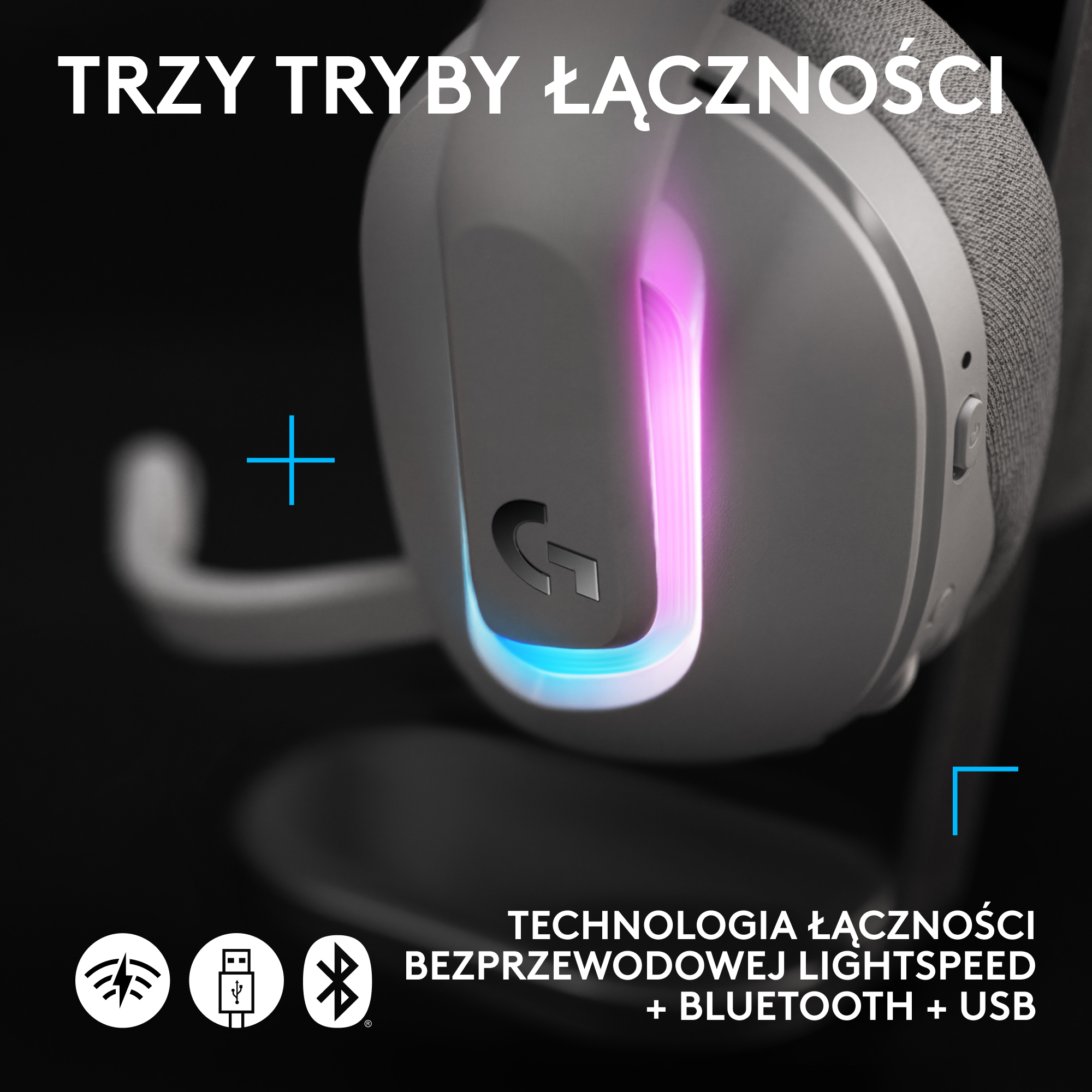 Białe słuchawki z zmieniającymi kolor światłami i tekstem o opcjach połączeń: Lightspeed, Bluetooth i USB.