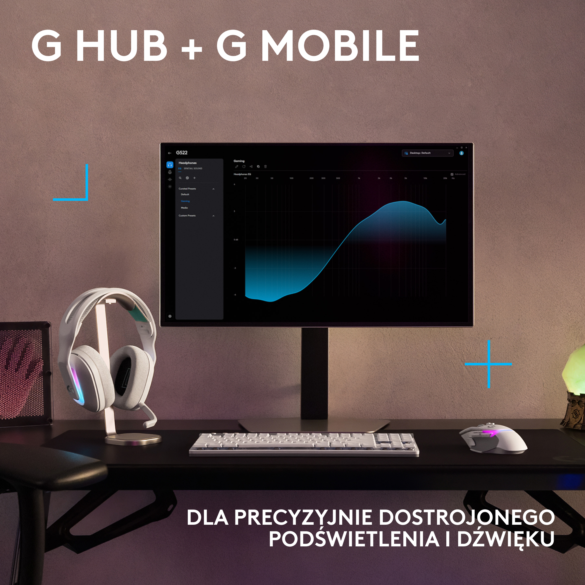 Konfiguracja komputera stacjonarnego z białymi słuchawkami, ekranem z danymi, klawiaturą i myszą.