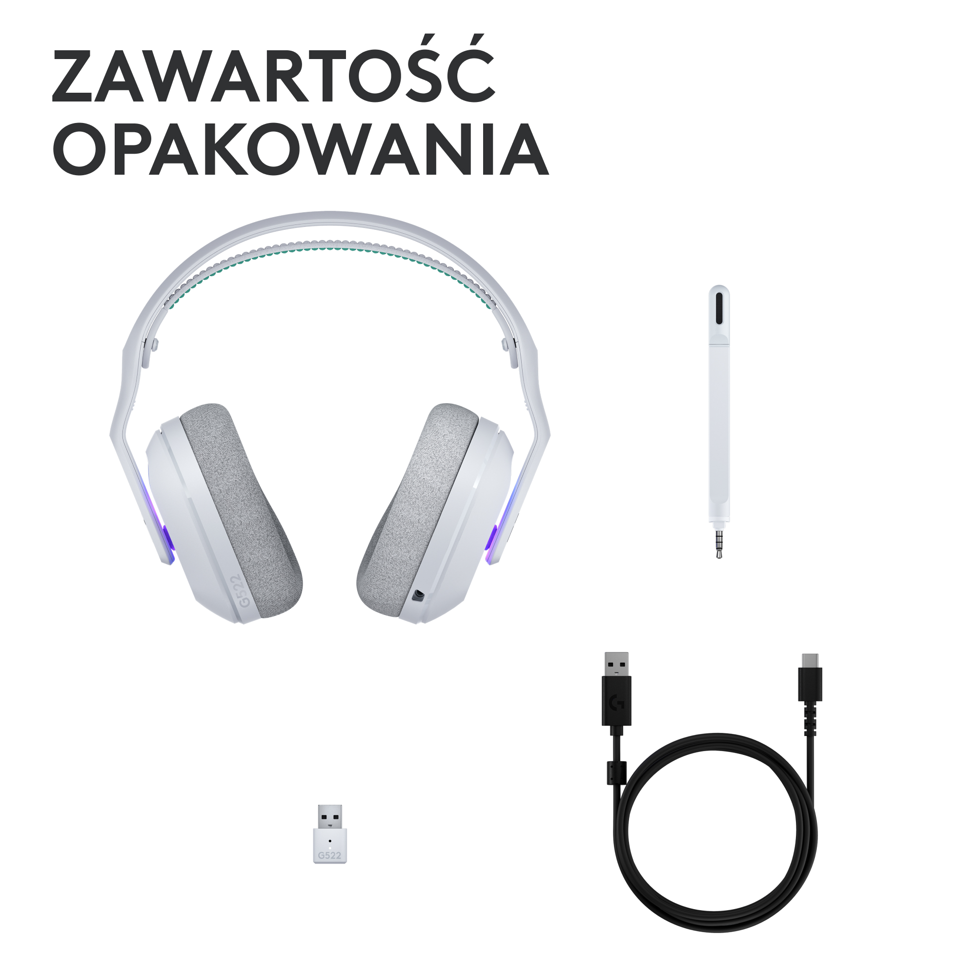 Białe słuchawki i akcesoria: klucz USB, odłączany mikrofon, kabel USB-C i kabel USB.