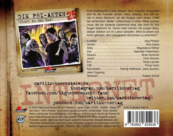 Cover: Gruppe von 5 Personen vor Höhle, Buch "Die Psi-Akten 25", Logos und Texte.