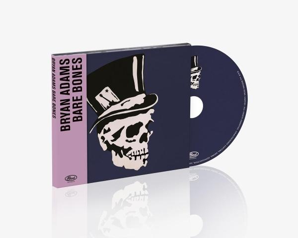 CD-Hülle und -Disc. Auf der Hülle ist ein Totenkopf mit Zylinder abgebildet. Albumtitel 'Bare Bones' von Bryan Adams.