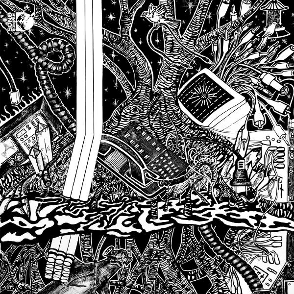 Schwarz-Weiß-Illustration: Ein komplexes Muster aus Linien, Bäumen, Computerteilen und einem Vogel, Sonic Editions-Logo.
