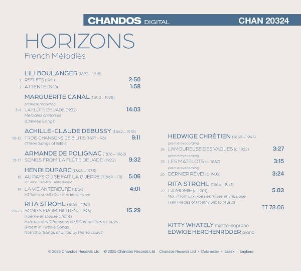 Die Titelliste des Albums 'Horizons French Mélodies'. Künstler sind aufgelistet. Text und Logo von Chandos.