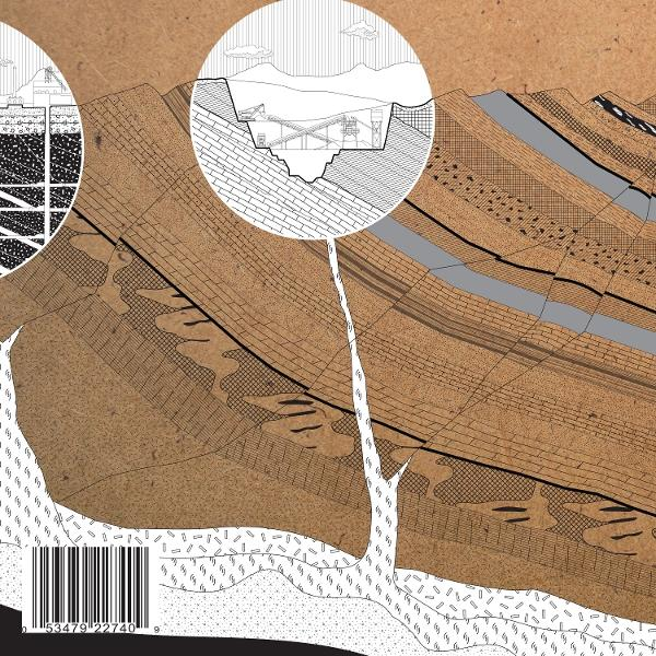 Diagramm geologischer Schichten, mit Querschnitten von Bergbauarbeiten und einem Barcode.