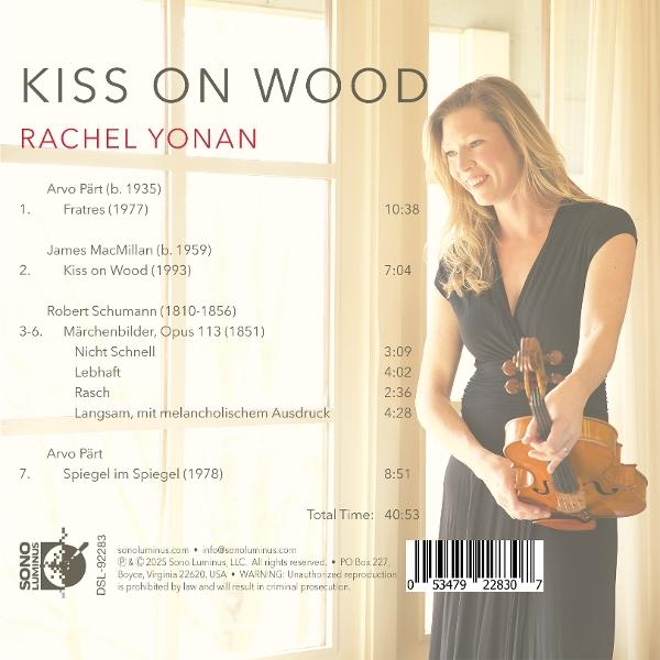 Rückseite eines Albumcovers mit Text, einer Geige und dem Titel 'Kiss On Wood' von Rachel Yonan.
