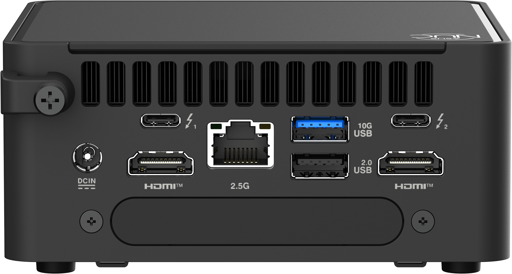 Schwarzer ASUS NUC Mini-PC, Rückansicht. Anschlüsse: DCIN, HDMI, USB, LAN und Thunderbolt.
