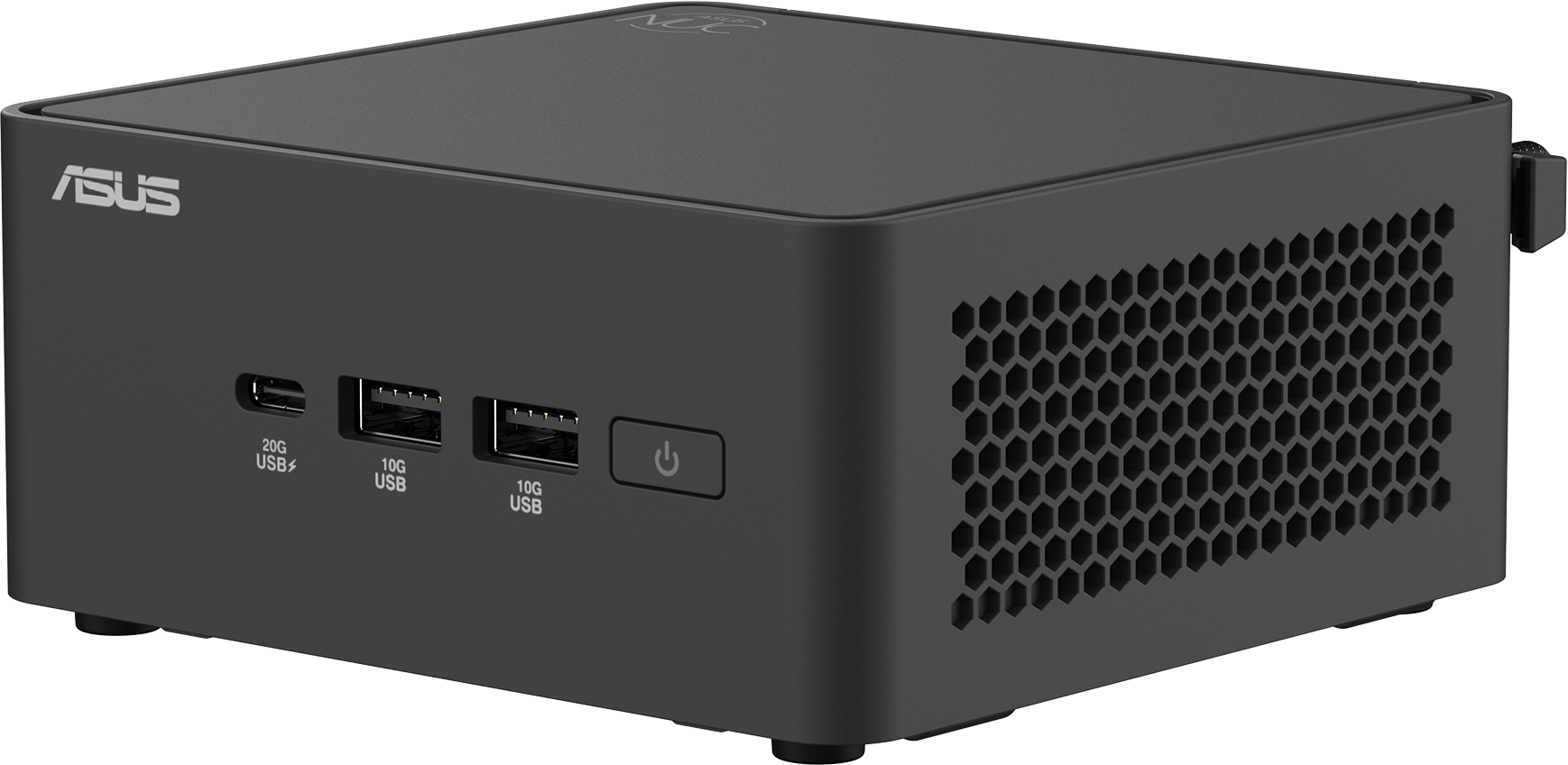 Schwarzer ASUS NUC Mini-PC, schräge Ansicht. Verfügt über Wabenbelüftung und Frontanschlüsse.