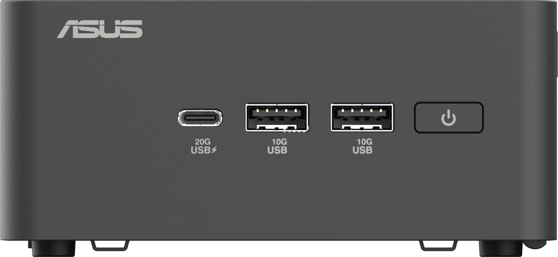 Schwarzer ASUS NUC Mini-PC. Die Vorderseite hat Anschlüsse: USB-C, zwei USB-A und Power-Button.