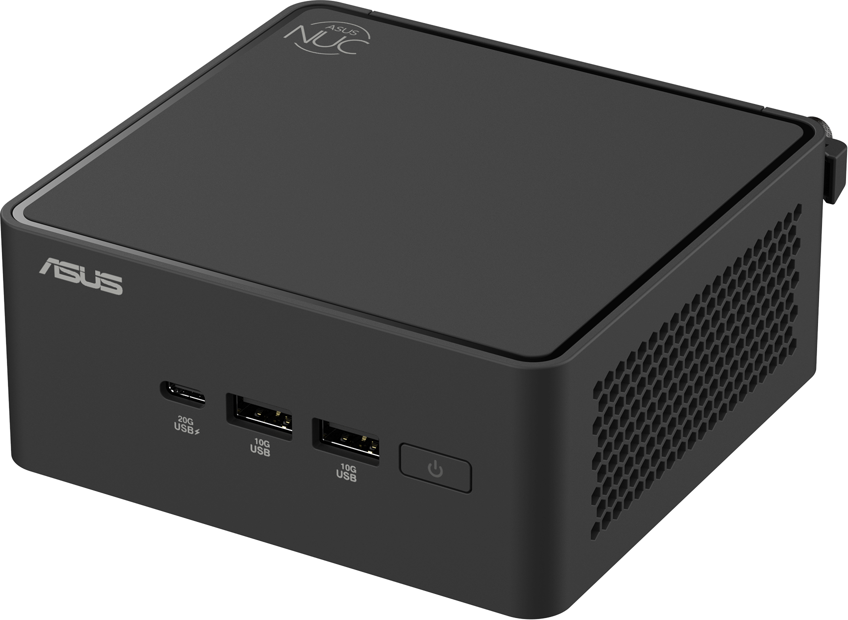 Schräge Ansicht des schwarzen ASUS NUC Mini-PC mit Anschlüssen, Lüftungsschlitzen, Power-Taste und Logo.