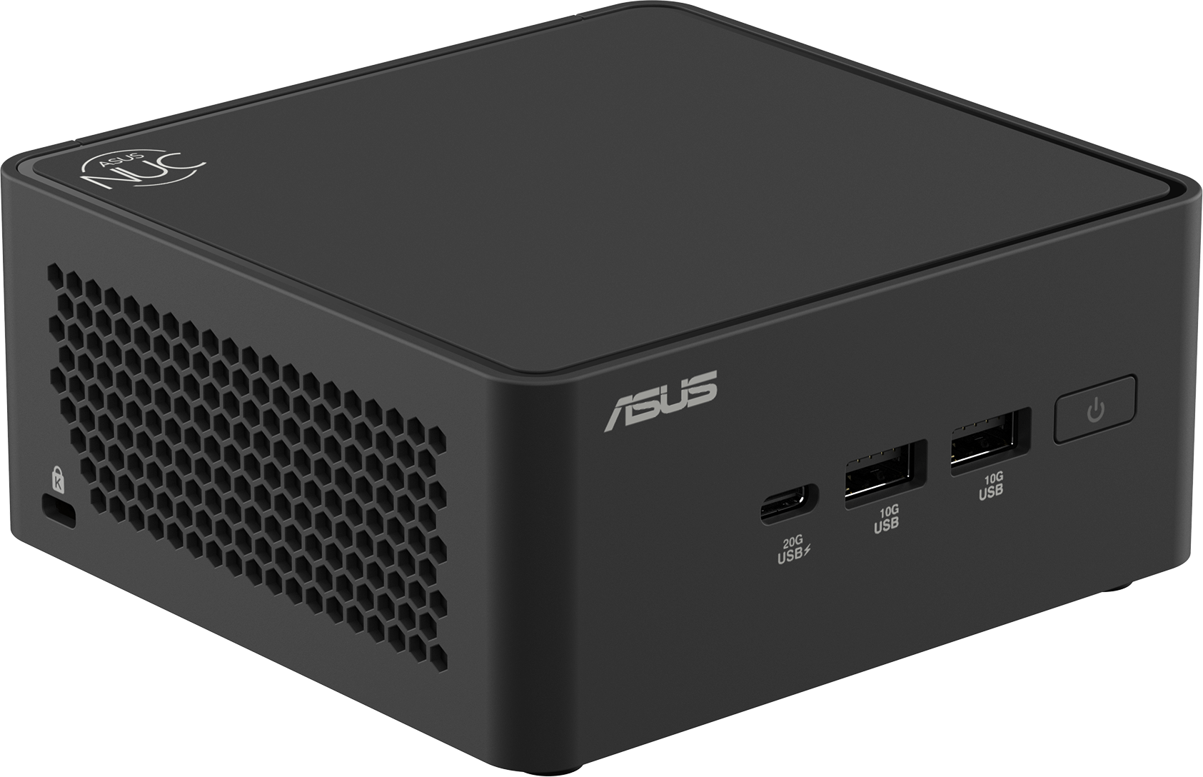 Schwarzer ASUS NUC Mini-PC, schräge Ansicht. Zeigt Anschlüsse, Lüfter, Power-Taste und ASUS-Logo.