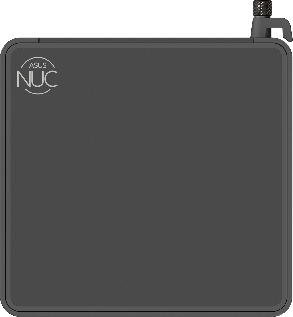 Draufsicht auf einen dunkelgrauen ASUS NUC Mini-PC. ASUS NUC-Logo und Antenne sichtbar.