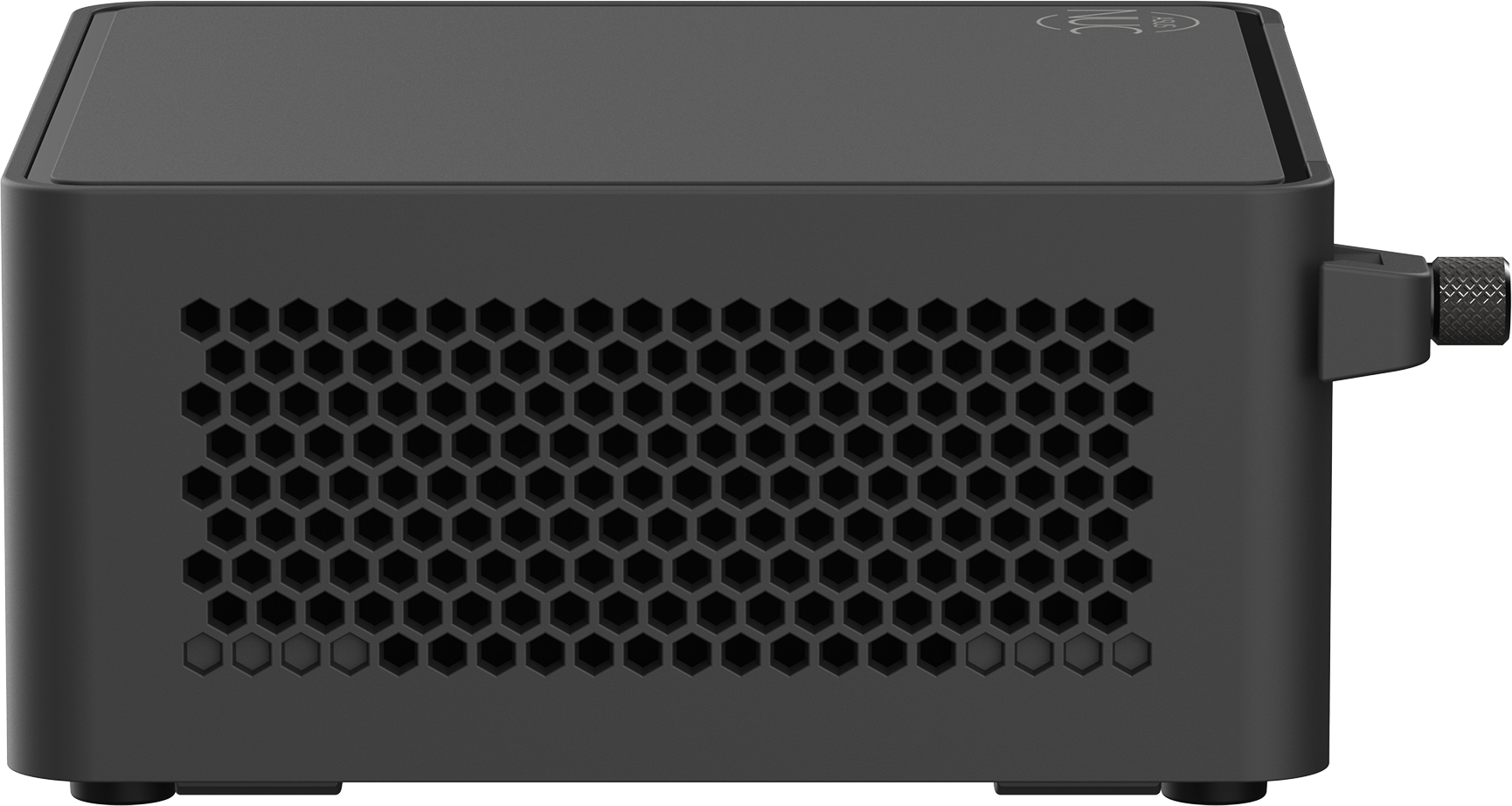 Schwarzer ASUS NUC Mini-PC, Seitenansicht. Verfügt über ein wabenförmiges Gitter an der Seite.
