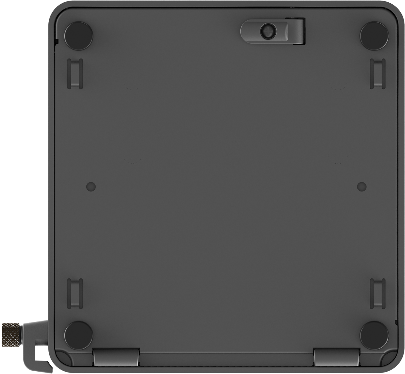 Schwarzer ASUS NUC Mini-PC, Unteransicht. Zeigt die Unterseite mit vier Gummifüßen.