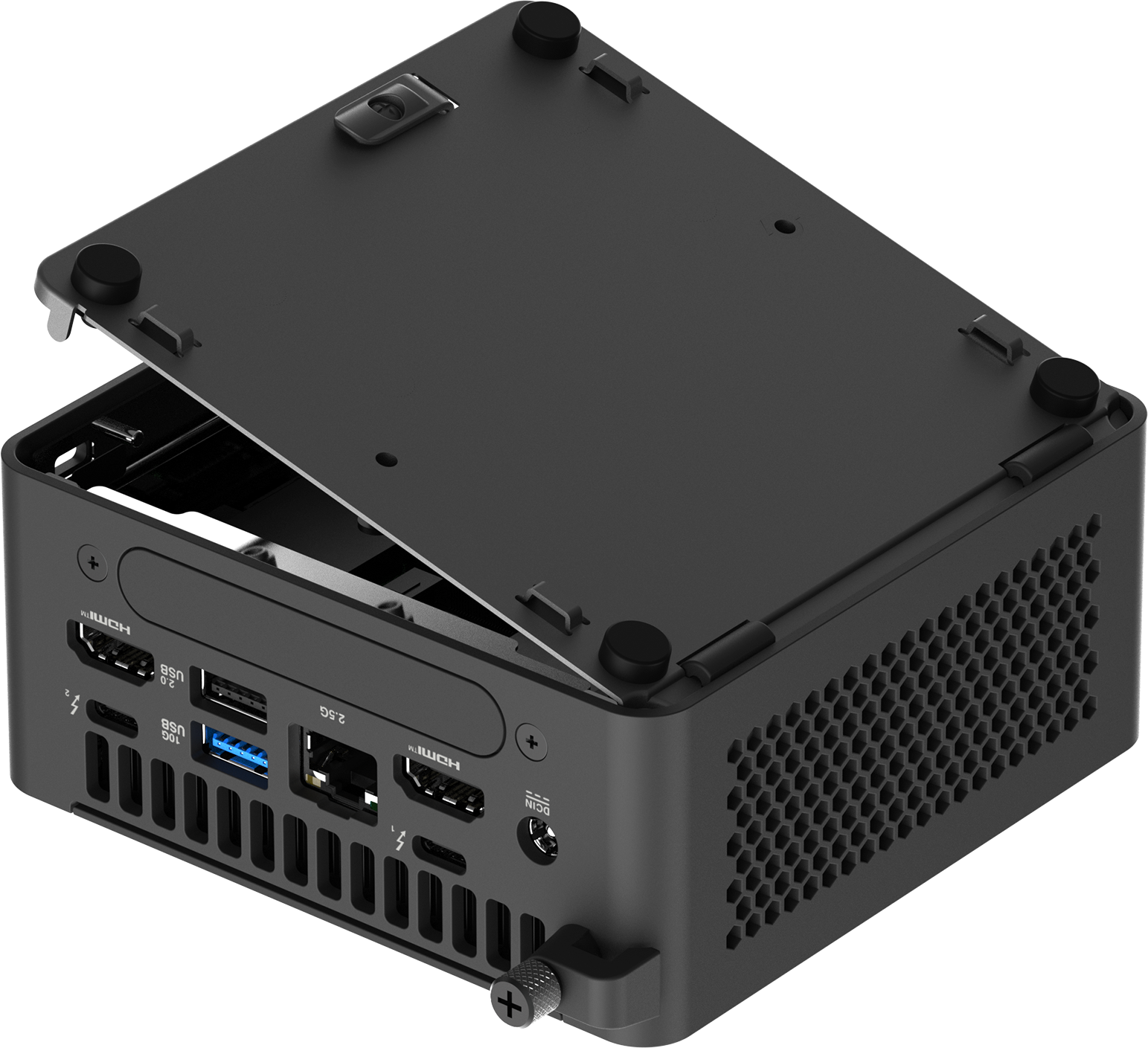 Schwarzer Mini-PC mit teilweise geöffneter oberer Abdeckung. Zeigt Anschlüsse: USB, HDMI und Strom.