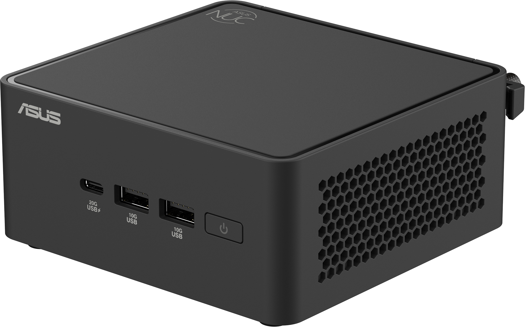 Schwarzer ASUS NUC Mini-PC. Vorderseite mit USB-Anschlüssen, Power-Button und ASUS-Logo.