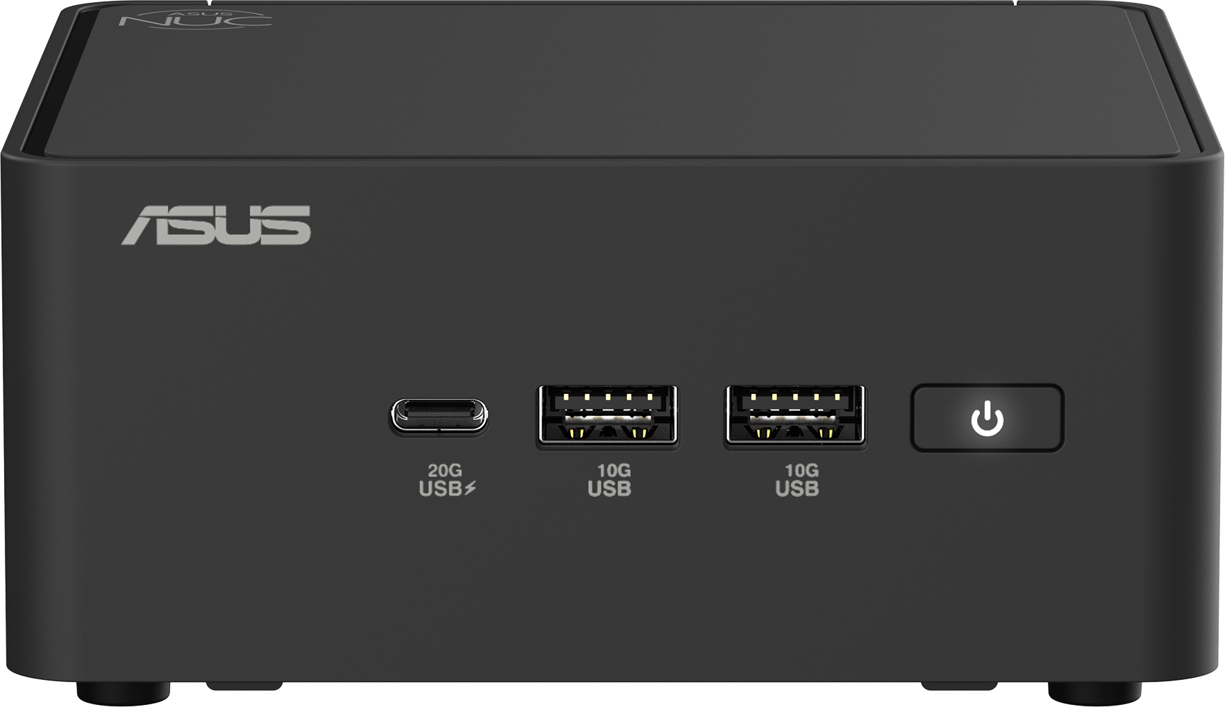 Schwarzer ASUS NUC Mini-PC. Frontansicht mit USB-Anschlüssen, Power-Button und Logo.
