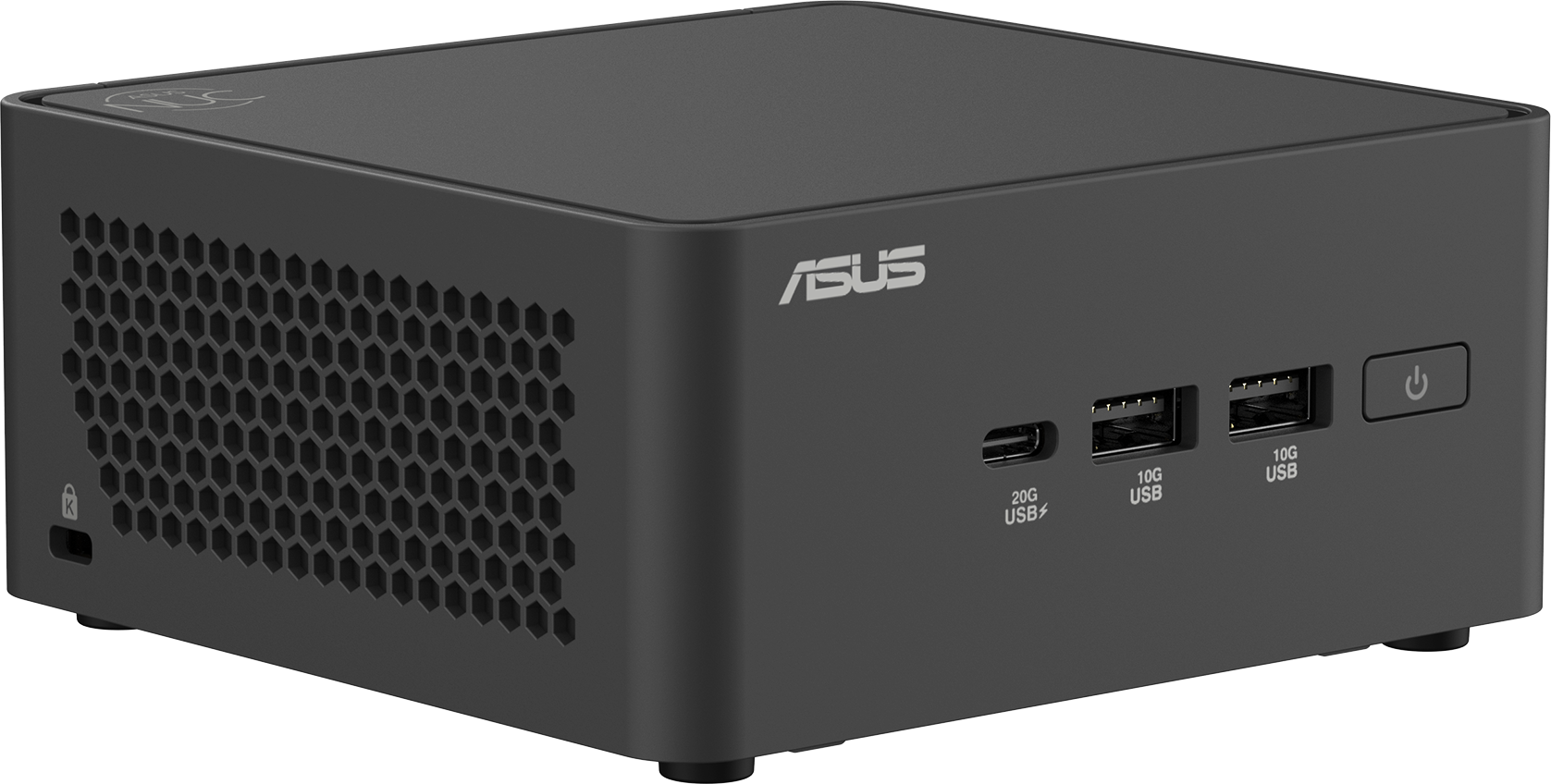 Schwarzer ASUS NUC Mini-PC. Mit USB-Anschlüssen, Power-Button und Seitenlüftung.