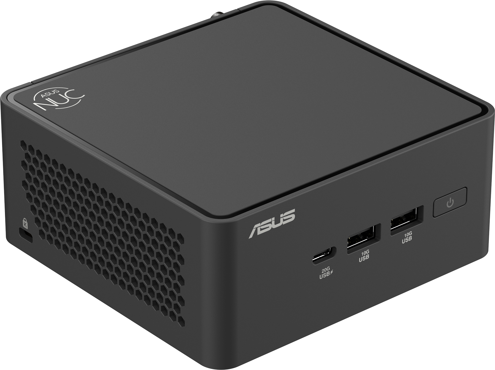 Schwarzer ASUS NUC Mini-PC. Vorderseite mit USB-Anschlüssen und Ein-/Aus-Taste. Oberseite mit ASUS NUC Logo.