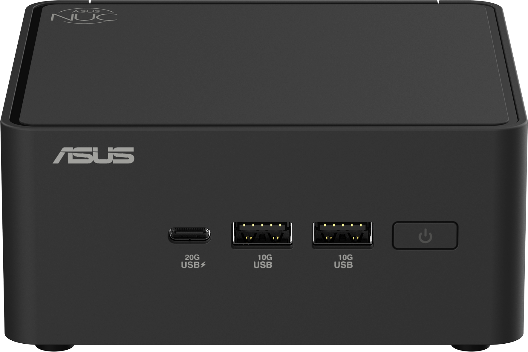 Schwarzer ASUS NUC Mini-PC. Frontseite mit USB-Anschlüssen und Ein-/Ausschalter. ASUS Logo vorne.