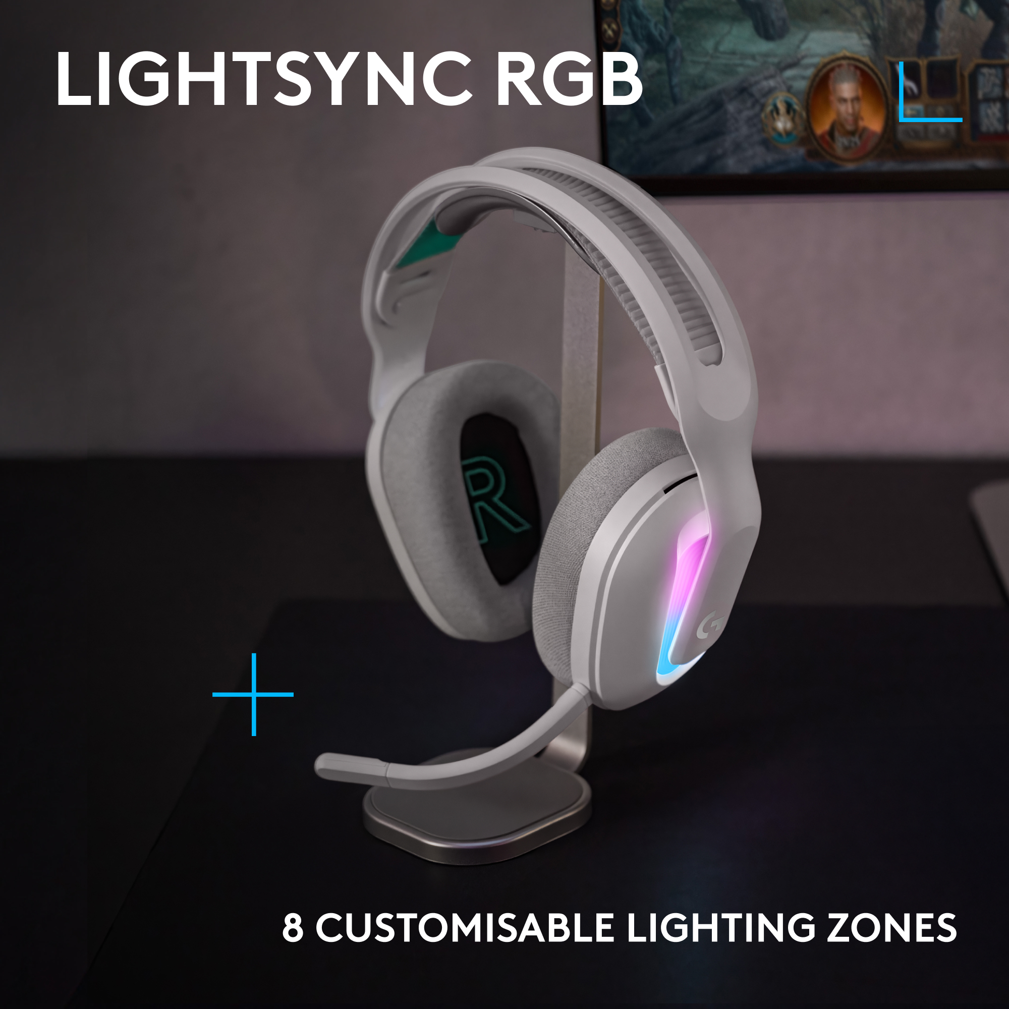 Cuffie bianche su un supporto. Testo: Lightsync RGB, 8 zone di illuminazione personalizzabili.