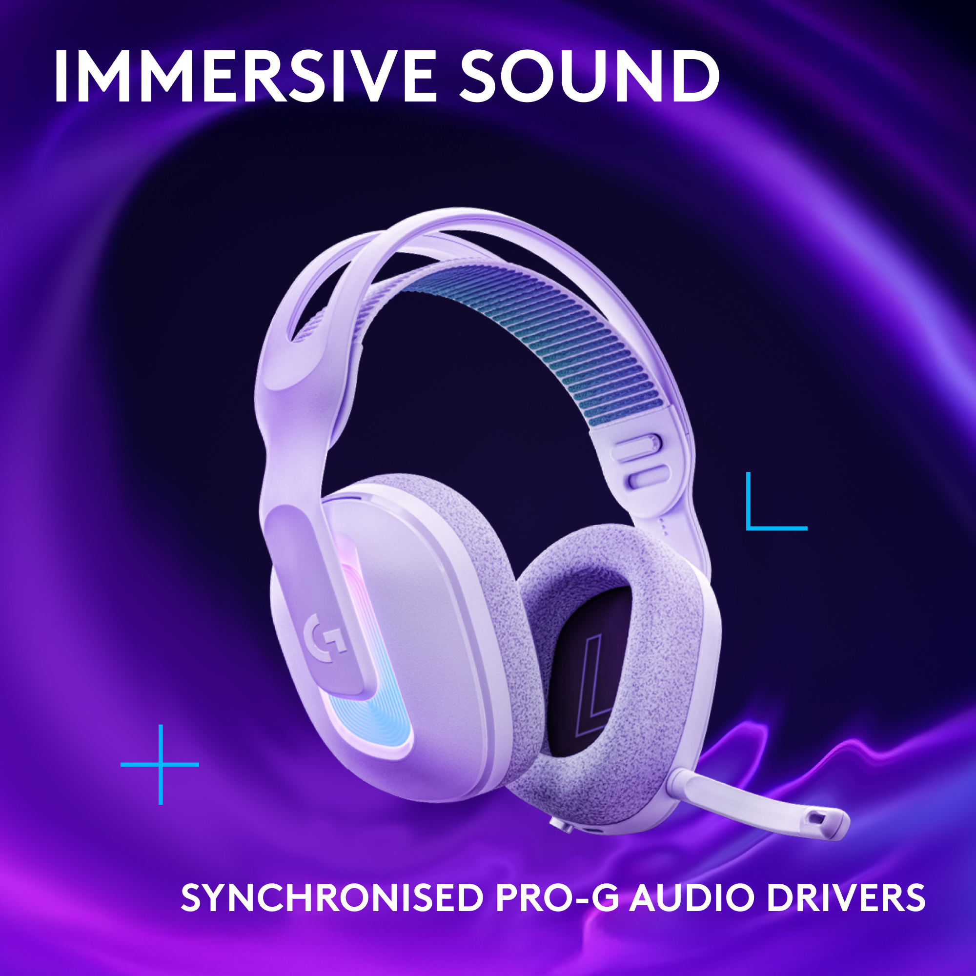 Cuffie bianche su sfondo viola. Testo: Suono coinvolgente, driver audio Pro-G sincronizzati.