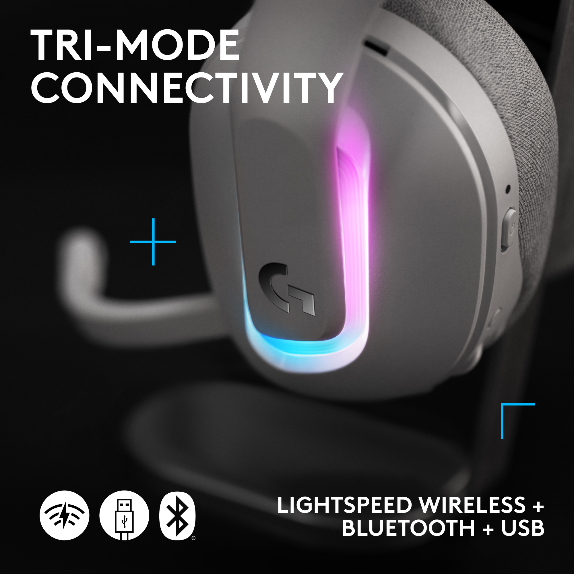 Cuffie bianche con padiglioni grigi, su un supporto. Testo: Connettività tri-modalità, Lightspeed Wireless, Bluetooth, USB.