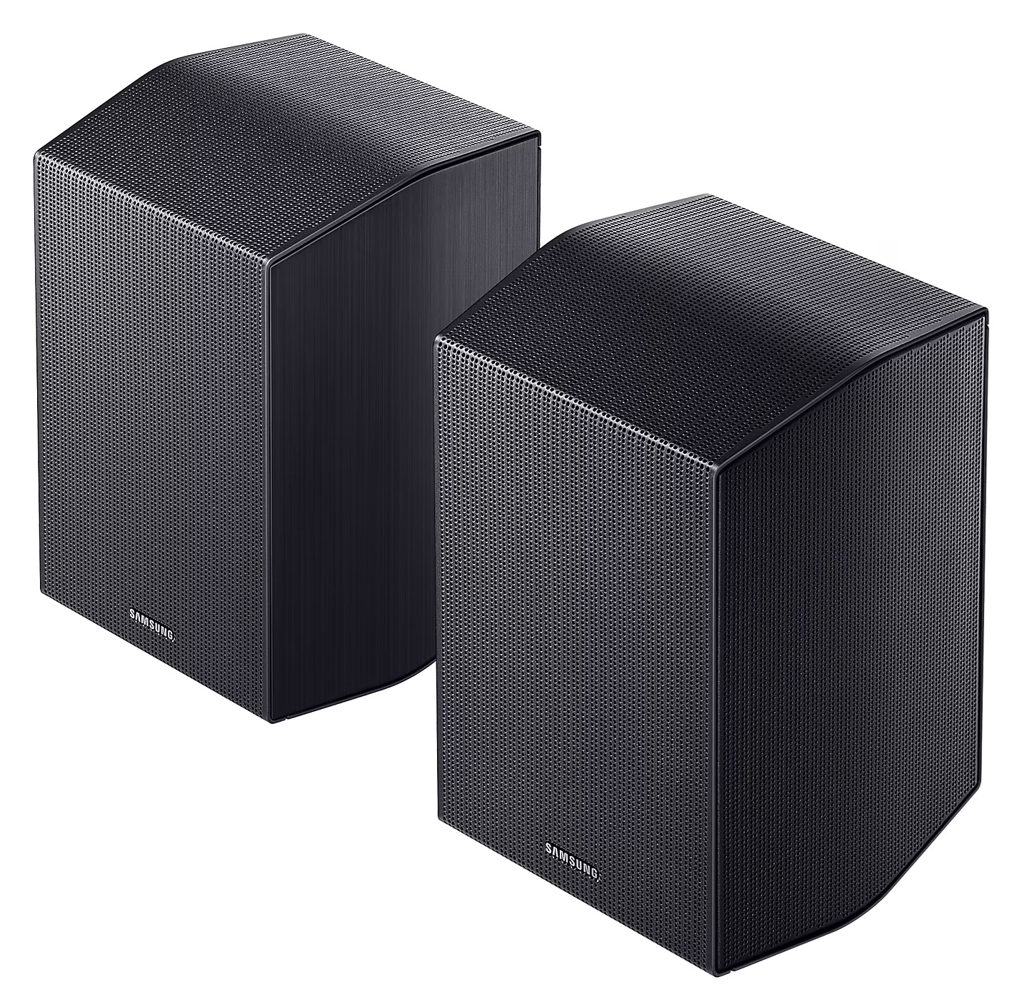 Dwa czarne, kątowe głośniki. Każdy ma teksturowany przód i logo Samsung.