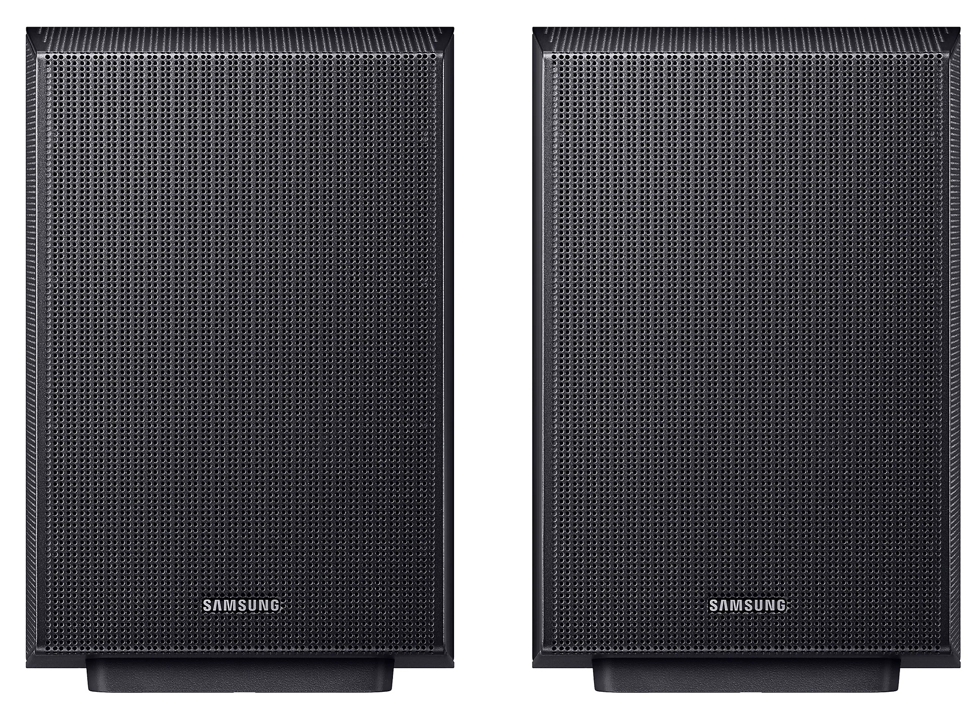 Dwa czarne głośniki z teksturowanymi przodami. Mają logo Samsung.
