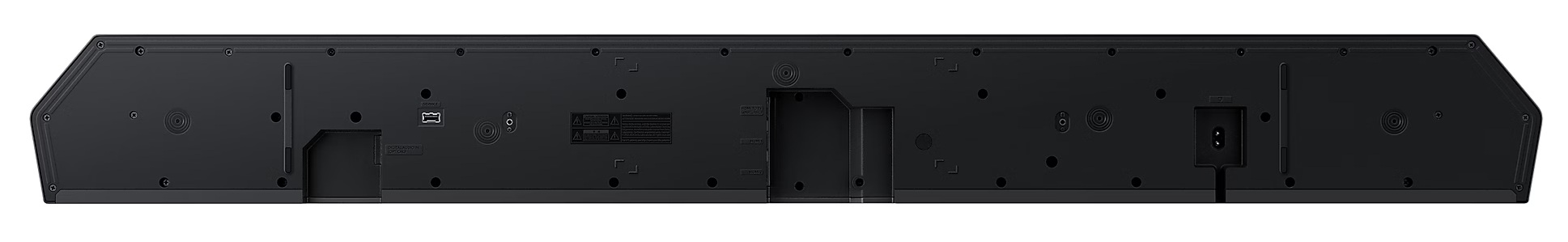 Spód czarnego soundbaru z różnymi portami i punktami połączeń.