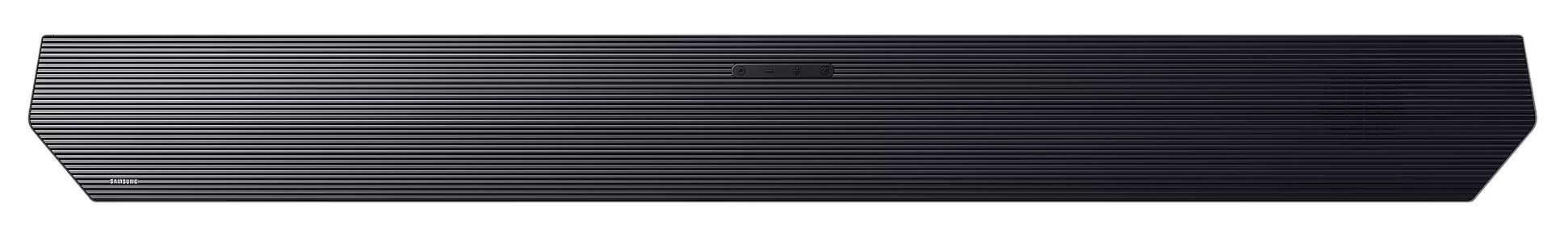 Czarny soundbar z poziomymi żebrami. Logo Samsung jest widoczne.