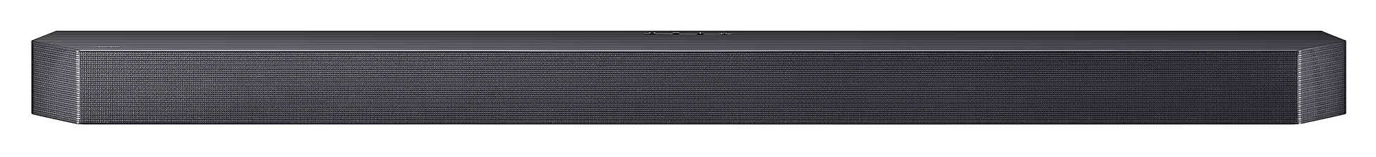 Czarny soundbar z teksturowaną powierzchnią. Logo Samsung znajduje się na górze.