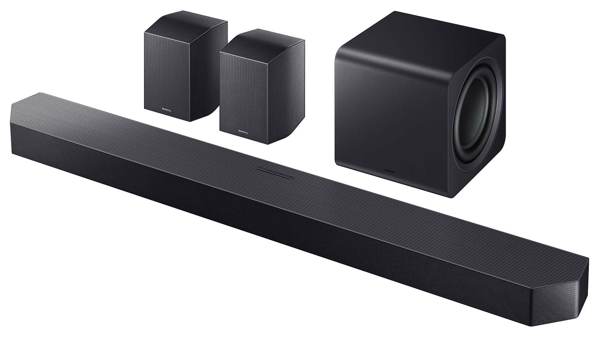 Czarny system dźwiękowy: soundbar, 2 głośniki i subwoofer.