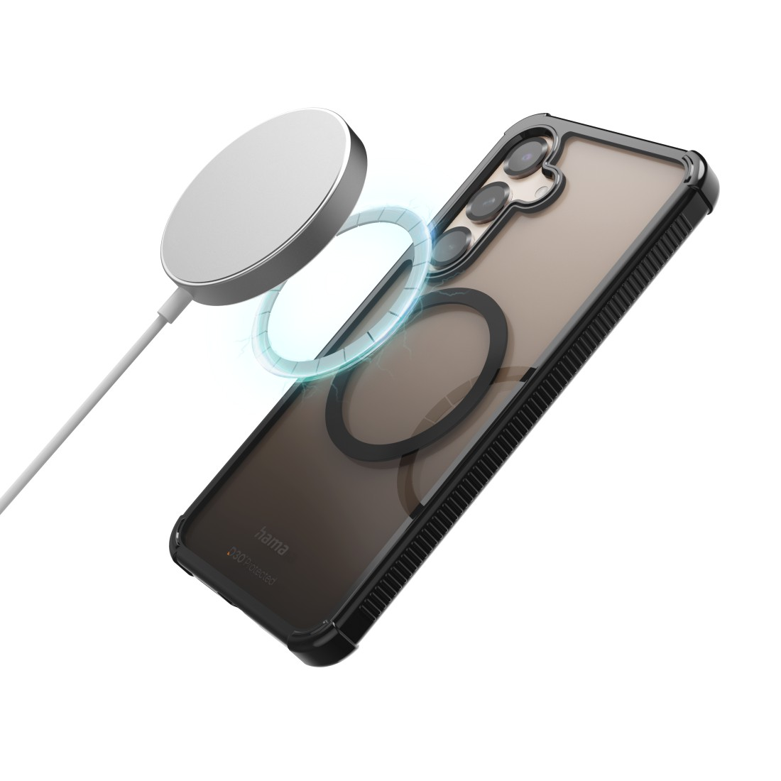 Transparente Handyhülle mit Ladegerät. Das Ladegerät schwebt. Hülle hat schwarzen Ring hinten.