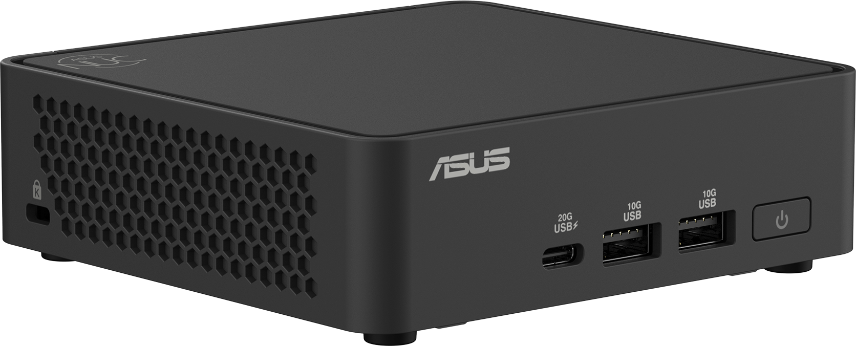 Schwarzer ASUS NUC. Schräge Frontansicht, mit USB-Anschlüssen und Power-Knopf. Sechseck-Ventil.
