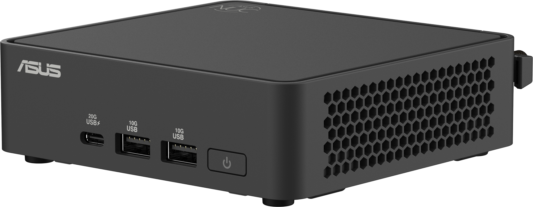 Schwarzer ASUS NUC. Schräge Frontansicht, mit USB-Anschlüssen und Power-Knopf. Sechseck-Ventil.