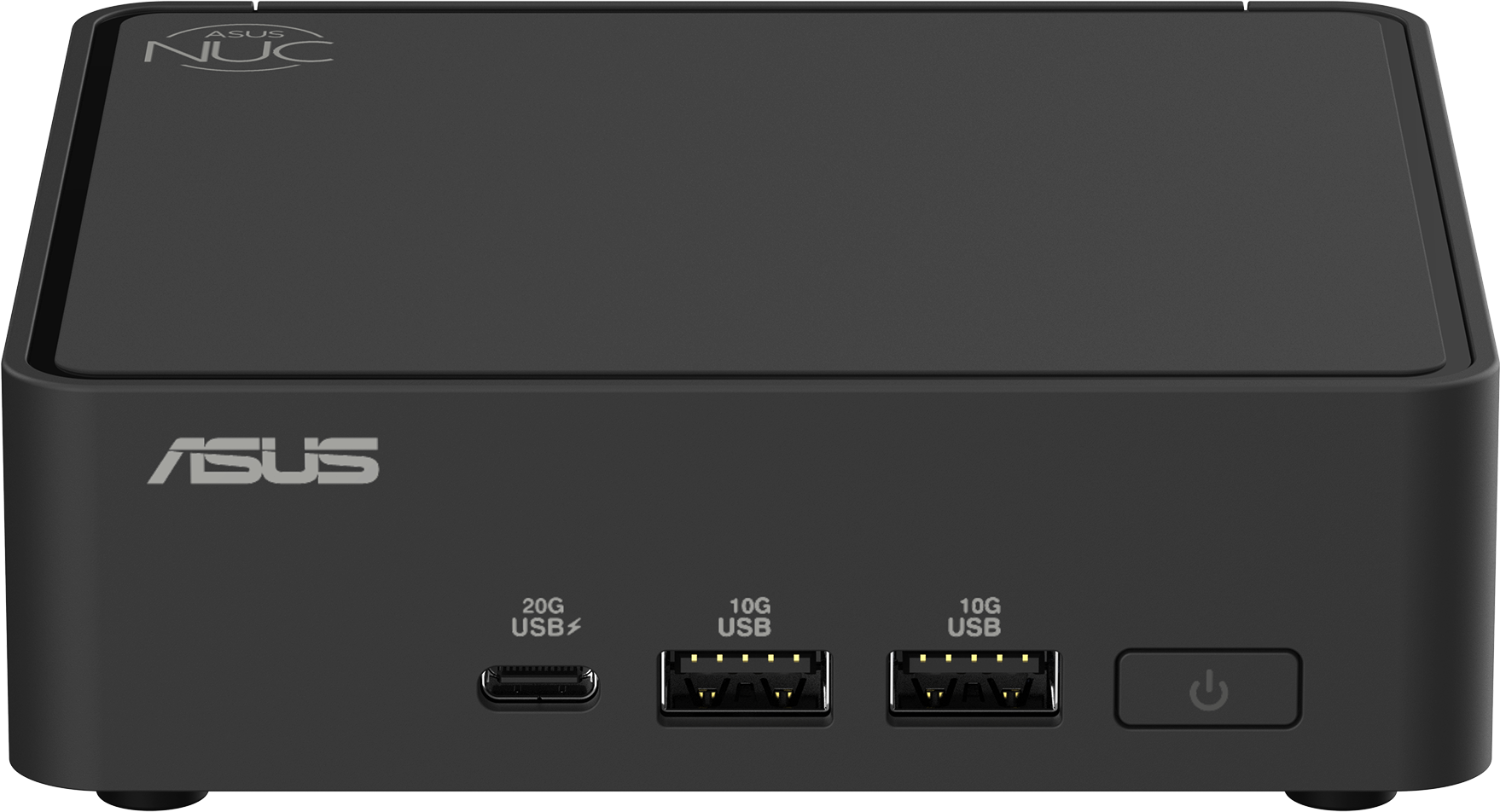 Schwarzer ASUS NUC Mini-PC. Hat USB-Anschlüsse, Power-Taste und ASUS-Logo. Oberseite hat ASUS NUC Logo.